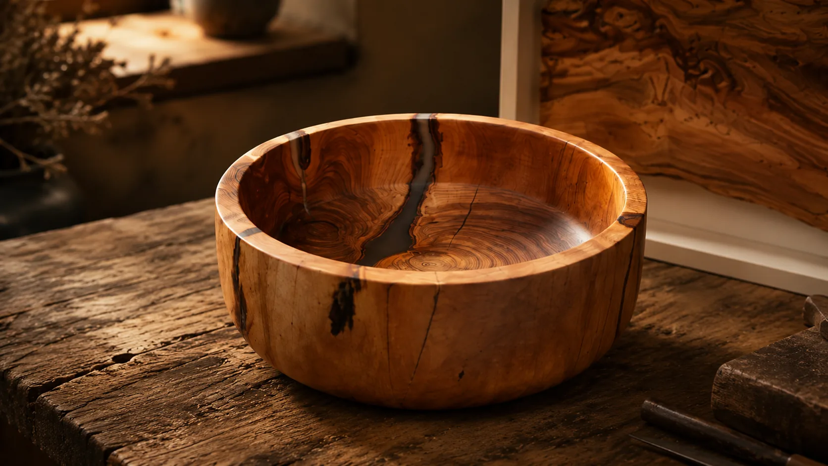 Rustic wooden bowl on artisan table